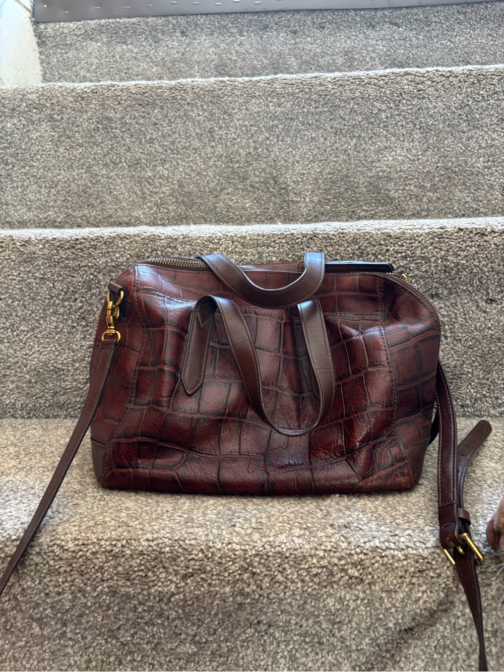 Fossil Croc-Embossed Leather Crossbody Bag - Dark Brown